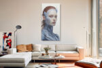 Hyperrealistic cyborg female portrait in steel blue-grey and auburn, bold digital art canvas for living room or home office