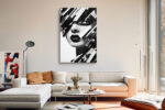 Monochrome portrait with eye mask and shattered photographic strip collage, bold black and white wall art canvas