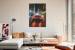 Red sports car on rain-slicked neon city street, bold moody digital art canvas for living room or home office