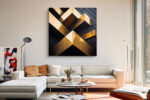 Gold metallic intersecting architectural beams, dramatic chiaroscuro, art deco contemporary wall art canvas for living room