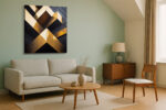 Gold metallic intersecting architectural beams, dramatic chiaroscuro, art deco contemporary wall art canvas for living room