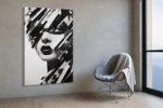 Monochrome portrait with eye mask and shattered photographic strip collage, bold black and white wall art canvas