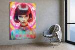 Female figure with blunt bob and polka-dot top framed by neon concentric halos, vibrant digital art canvas print