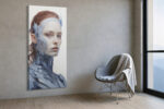 Hyperrealistic cyborg female portrait in steel blue-grey and auburn, bold digital art canvas for living room or home office