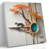 Tuxedo cat on a sculptural tree shelf with burnt orange foliage and porthole mountain view, surreal digital art canvas