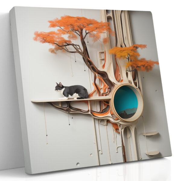 Tuxedo Cat on Sculptural Tree Shelf Canvas Print