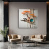 Tuxedo cat on a sculptural tree shelf with burnt orange foliage and porthole mountain view, surreal digital art canvas