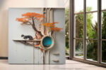 Tuxedo cat on a sculptural tree shelf with burnt orange foliage and porthole mountain view, surreal digital art canvas