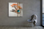 Tuxedo cat on a sculptural tree shelf with burnt orange foliage and porthole mountain view, surreal digital art canvas
