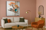 Tuxedo cat on a sculptural tree shelf with burnt orange foliage and porthole mountain view, surreal digital art canvas