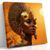 Regal woman in gold headdress and collar necklace, warm amber tones, bold Afrofuturist portrait canvas art