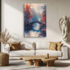 Arched stone bridge in autumn mist with burnt orange trees and calligraphy, japandi canvas wall art for living room