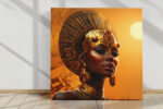 Regal woman in gold headdress and collar necklace, warm amber tones, bold Afrofuturist portrait canvas art