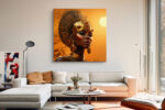 Regal woman in gold headdress and collar necklace, warm amber tones, bold Afrofuturist portrait canvas art