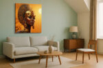 Regal woman in gold headdress and collar necklace, warm amber tones, bold Afrofuturist portrait canvas art