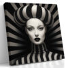 Monochrome female portrait with striped dome headpiece and radiating stripes, bold digital art canvas for living room