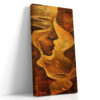 Luminous female profile in golden amber contour lines and abstract waves, moody digital art canvas for living room