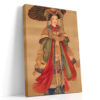 Female court figure in golden embroidered robes with parasol and calligraphy, vintage Chinese illustration wall art canvas