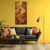 Luminous female profile in golden amber contour lines and abstract waves, moody digital art canvas for living room
