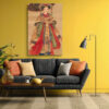 Female court figure in golden embroidered robes with parasol and calligraphy, vintage Chinese illustration wall art canvas