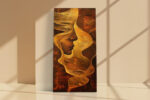 Luminous female profile in golden amber contour lines and abstract waves, moody digital art canvas for living room
