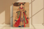 Female court figure in golden embroidered robes with parasol and calligraphy, vintage Chinese illustration wall art canvas