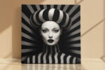 Monochrome female portrait with striped dome headpiece and radiating stripes, bold digital art canvas for living room