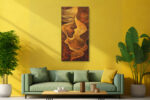 Luminous female profile in golden amber contour lines and abstract waves, moody digital art canvas for living room