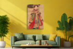 Female court figure in golden embroidered robes with parasol and calligraphy, vintage Chinese illustration wall art canvas