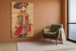 Female court figure in golden embroidered robes with parasol and calligraphy, vintage Chinese illustration wall art canvas