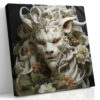 Fantastical lion portrait with ivory mane and amber blooms, dramatic fantasy digital art canvas for living room