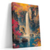 Waterfall and crimson autumn foliage in vivid red and amber, East Asian style portrait canvas for living room