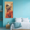 Female astronaut in orange spacesuit with gold visor and paint splatter, bold portrait canvas for living room or home office