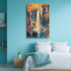 Waterfall and crimson autumn foliage in vivid red and amber, East Asian style portrait canvas for living room