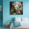 Fantastical lion portrait with ivory mane and amber blooms, dramatic fantasy digital art canvas for living room