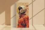 Female astronaut in orange spacesuit with gold visor and paint splatter, bold portrait canvas for living room or home office