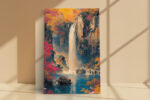 Waterfall and crimson autumn foliage in vivid red and amber, East Asian style portrait canvas for living room