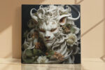 Fantastical lion portrait with ivory mane and amber blooms, dramatic fantasy digital art canvas for living room