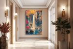 Waterfall and crimson autumn foliage in vivid red and amber, East Asian style portrait canvas for living room