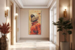 Female astronaut in orange spacesuit with gold visor and paint splatter, bold portrait canvas for living room or home office