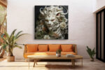 Fantastical lion portrait with ivory mane and amber blooms, dramatic fantasy digital art canvas for living room