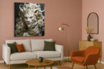 Fantastical lion portrait with ivory mane and amber blooms, dramatic fantasy digital art canvas for living room