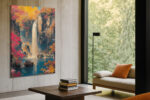Waterfall and crimson autumn foliage in vivid red and amber, East Asian style portrait canvas for living room