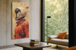 Female astronaut in orange spacesuit with gold visor and paint splatter, bold portrait canvas for living room or home office