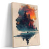 Profile silhouette filled with pine trees and fiery clouds in teal and burnt orange, double-exposure canvas wall art