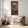 Anthropomorphized bear in red period coat with musket, dramatic classical portrait canvas for living room or home office