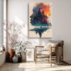 Profile silhouette filled with pine trees and fiery clouds in teal and burnt orange, double-exposure canvas wall art