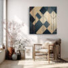 Interlocking diamond chevron pattern in warm tan and slate blue with copper orange motifs, geometric canvas wall art