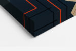Interlocking diamond chevron pattern in warm tan and slate blue with copper orange motifs, geometric canvas wall art
