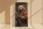 Anthropomorphized bear in red period coat with musket, dramatic classical portrait canvas for living room or home office